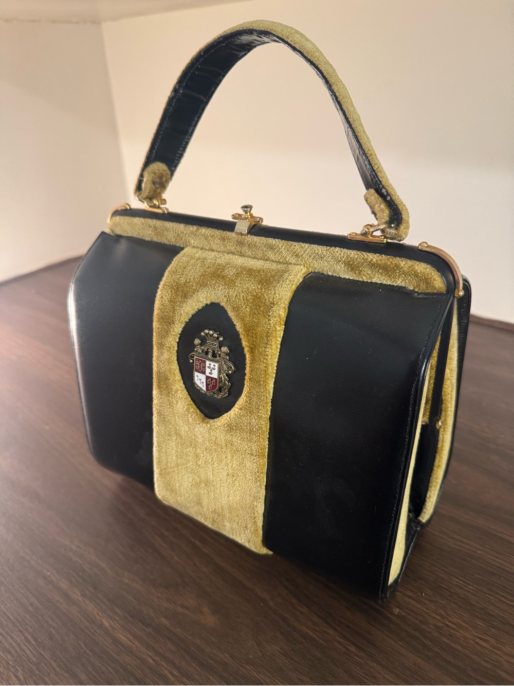 Vintage Original by Caprice Black & Gold Velvet Crest Structured Handbag Purse